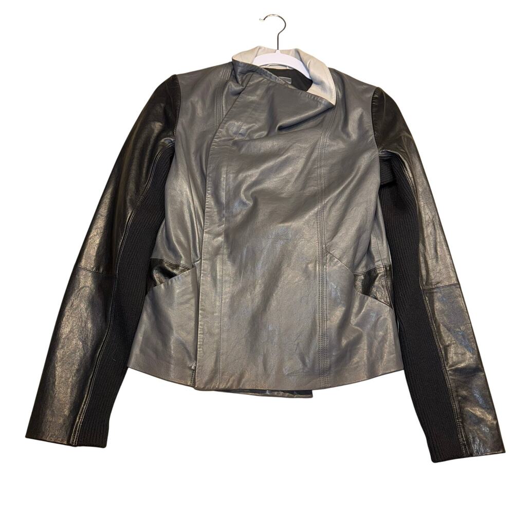 VINCE Lambskin Gray Leather Jacket Colorblock -size small